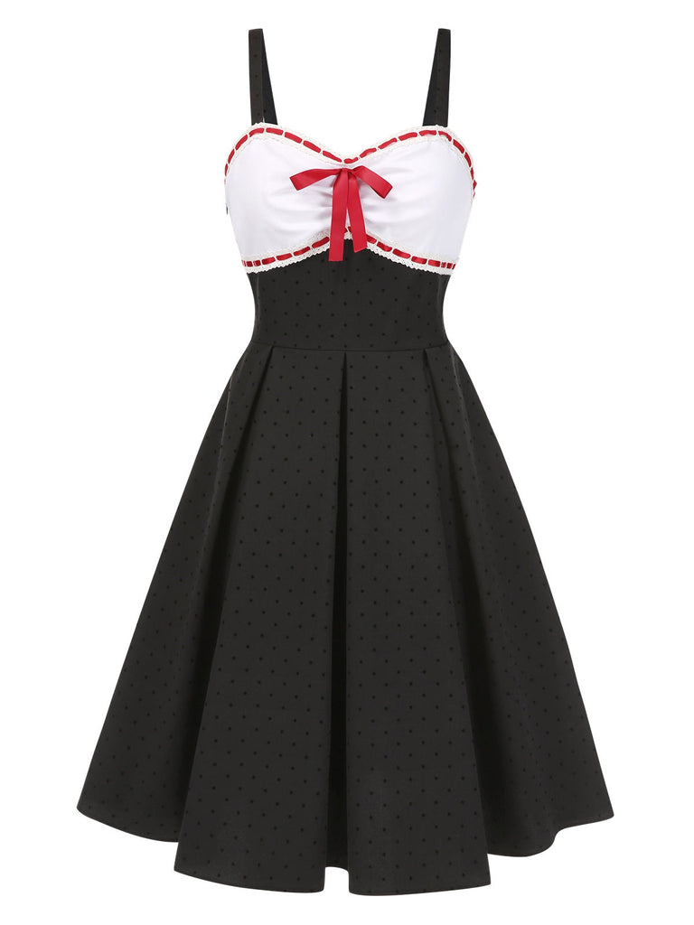 [Prévente] Robe grise à bretelles en dentelle à pois et nœud papillon des années 1950