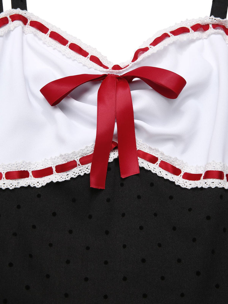 [Prévente] Robe grise à bretelles en dentelle à pois et nœud papillon des années 1950
