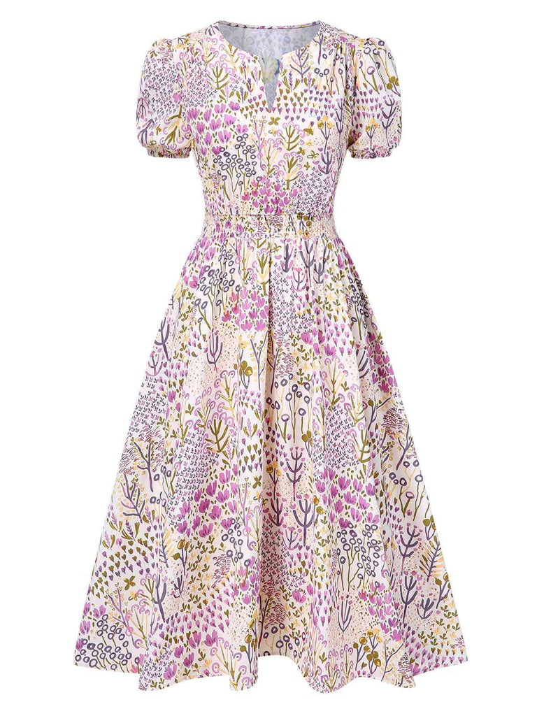 [Prévente] Robe lavande à fleurs et manches bouffantes années 1950