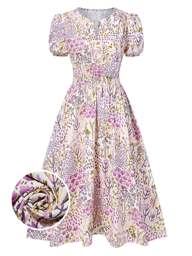[Prévente] Robe lavande à fleurs et manches bouffantes années 1950