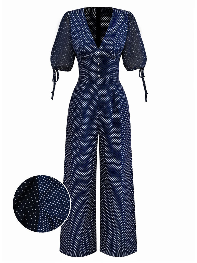 [Prévente] Combinaison bleue marine à pois et col en V années 1930