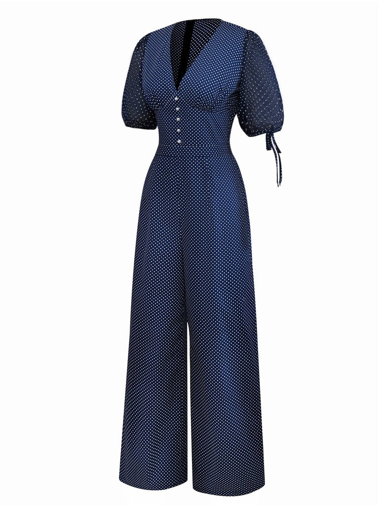 [Prévente] Combinaison bleue marine à pois et col en V années 1930
