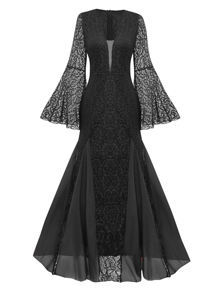 Robe sirène en dentelle col en V profond manches cloche des années 1920