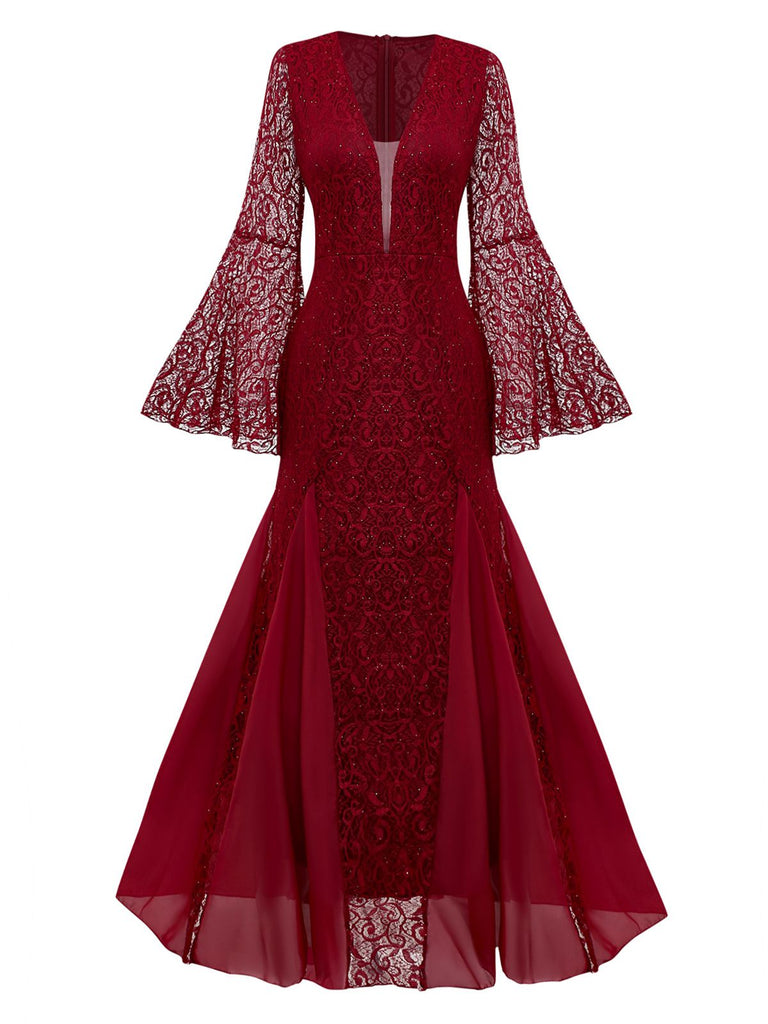 Robe sirène en dentelle col en V profond manches cloche des années 1920