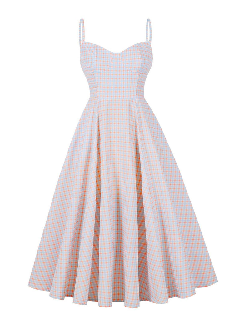 Robe blanche à bretelles spaghetti et carreaux vichy des années 1950