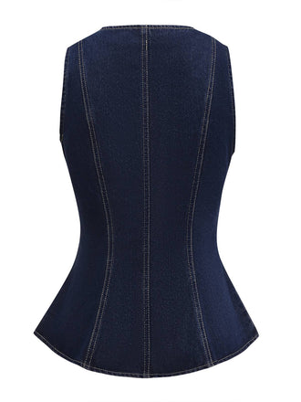 Gilet en jean bleu boutonné à col carré des années 1950