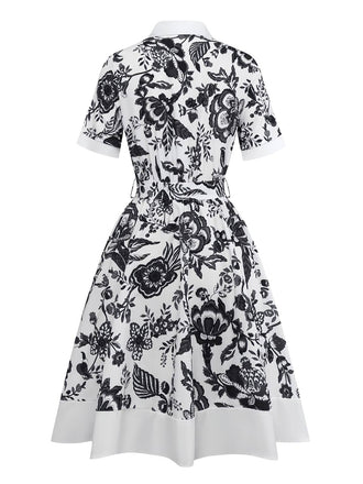 Robe chemise noire blanc à fleurs et ceinture des années 1940