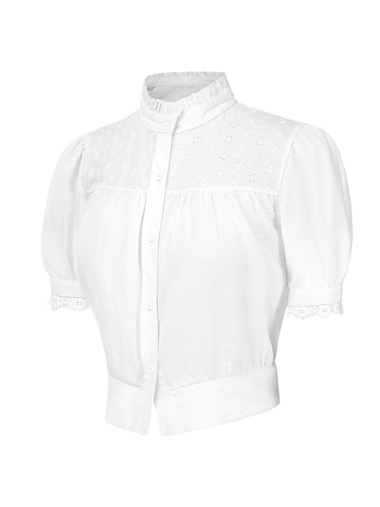[Prévente] Chemisier blanc col montant en dentelle brodée des années 1940