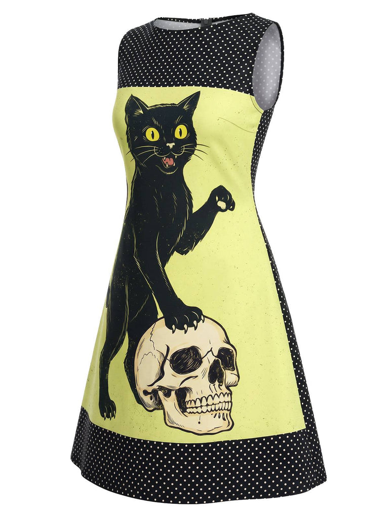 Robe Orange Sans Manches Chat Crâne À Pois Années 1960