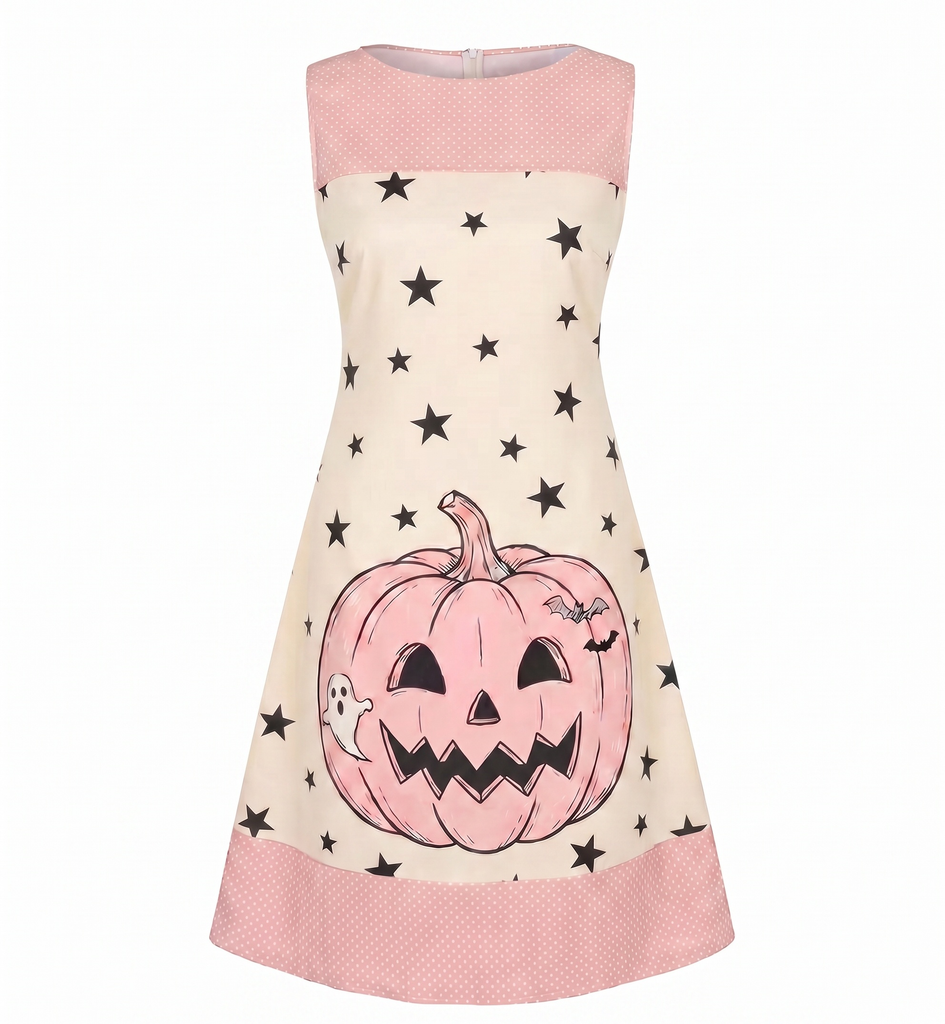 [Prévente] Robe trapèze sans manches rose motif citrouilles et étoiles années 1960