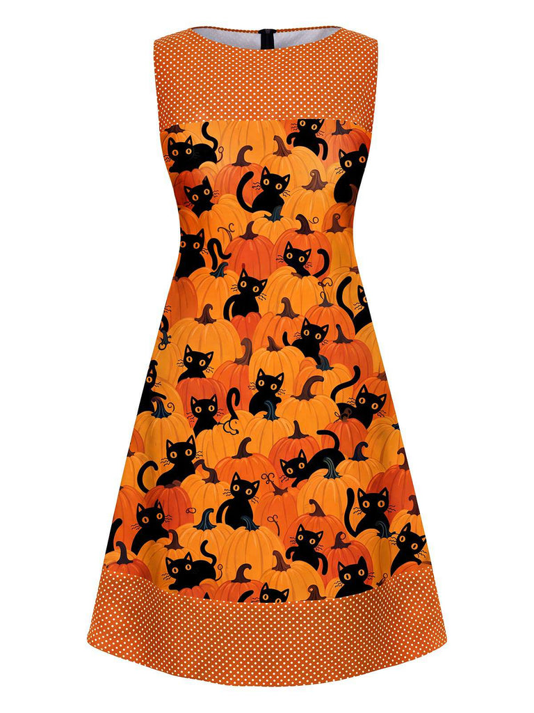 [Prévente] Robe Orange Sans Manches Chat Crâne À Pois Années 1960