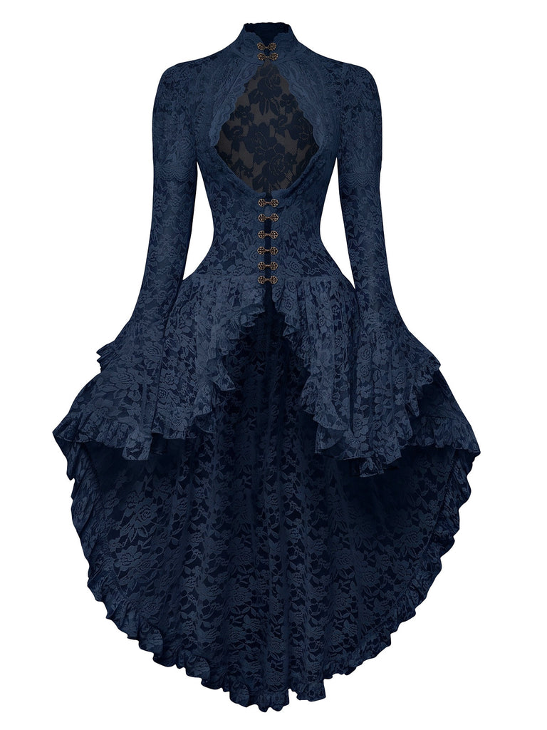 [Prévente] Robe victorienne bleu foncé en dentelle à manches gigot des années 1980