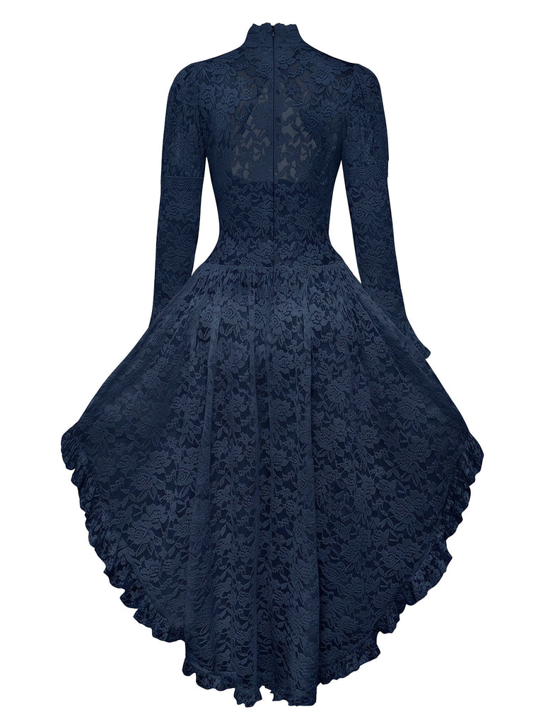 [Prévente] Robe victorienne bleu foncé en dentelle à manches gigot des années 1980