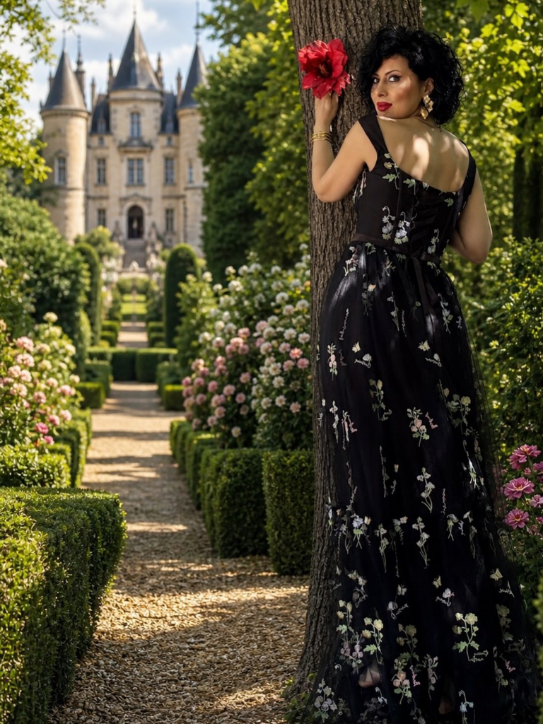 Robe en maille florale à lacets et baleines des années 1930