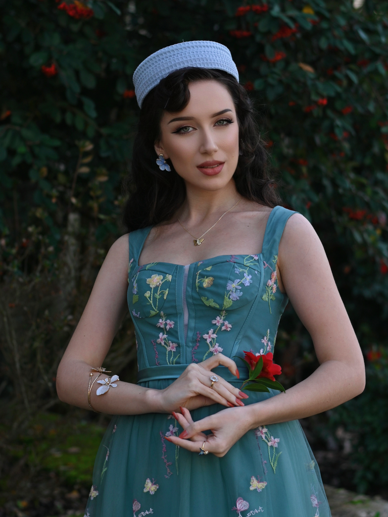 Robe en maille florale à lacets et baleines des années 1930