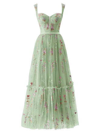 Robe en maille florale à lacets et baleines vert clair années 1930