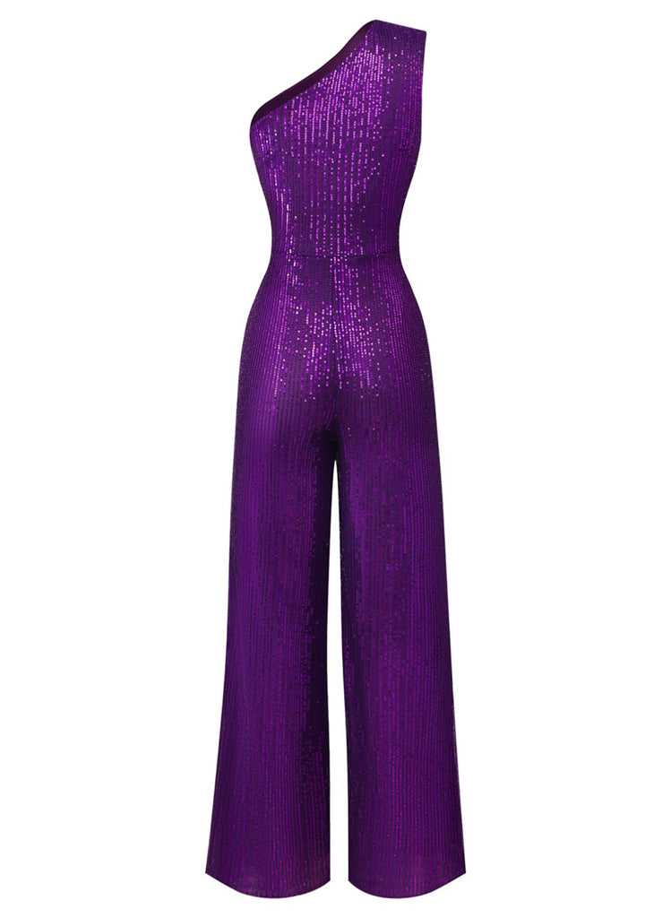 Combinaison asymétrique à paillettes violette des années 1970