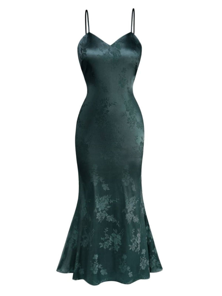 Robe sirène en satin et bretelles uni motif floral jacquard années 1930