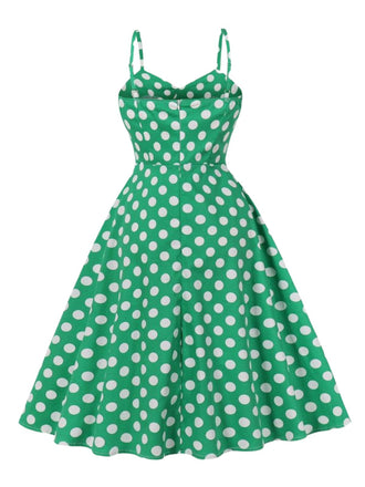 Robe verte à pois à bretelles spaghetti années 1950