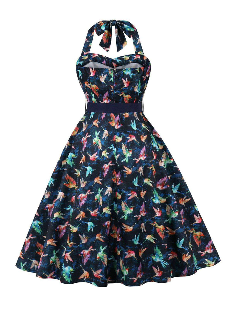 Robe col licou motif oiseaux ceinturée multicolore des années 1950