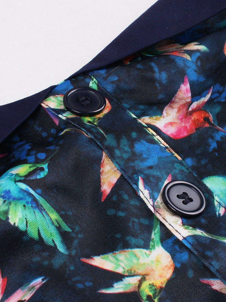 Robe col licou motif oiseaux ceinturée multicolore des années 1950