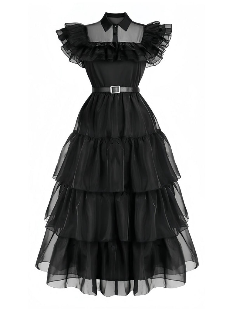 Robe noire à volants en organza Wednesday Halloween des années 1950