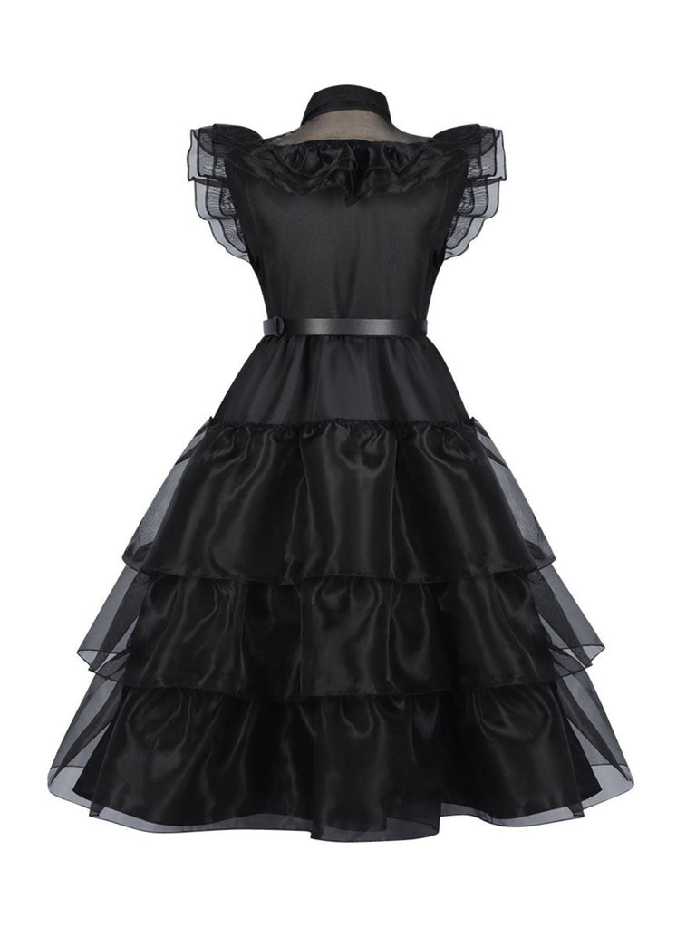 Robe noire à volants en organza Wednesday Halloween des années 1950