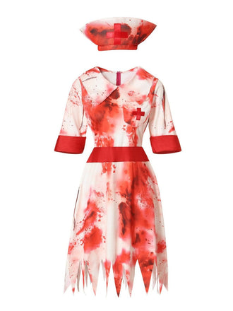 Robe rouge d'infirmière zombie d'Halloween des années 1950 avec taches de sang
