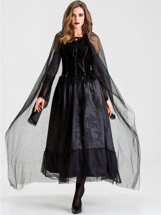 Robe noire patchwork en maille Halloween des années 1980 avec cape