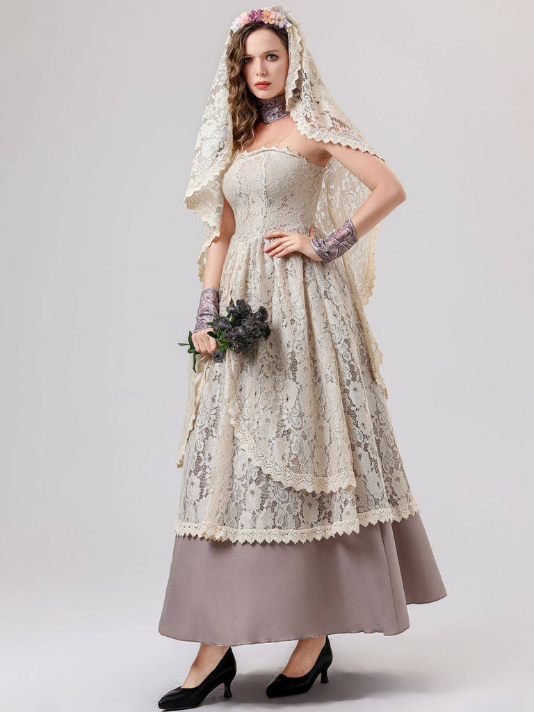 Ensemble robe de mariée vampire beige en dentelle style Halloween des années 1930