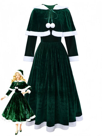 Robe de Noël verte en velours avec cape du Père Noël des années 1930