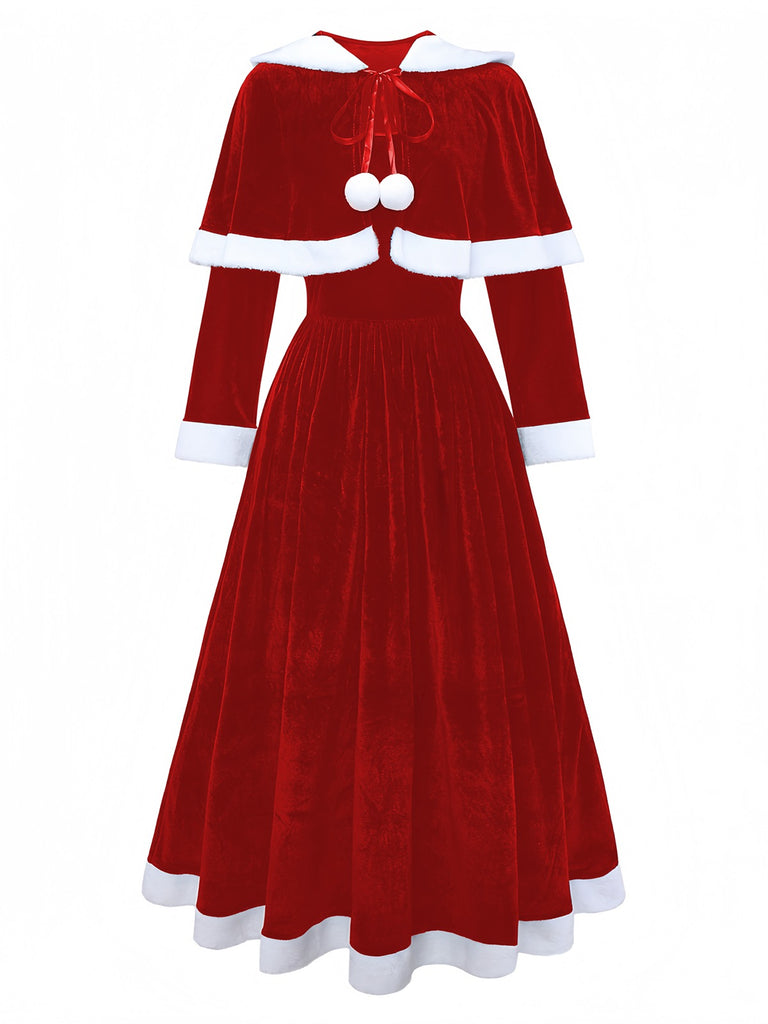 Robe de Noël verte en velours avec cape du Père Noël des années 1930