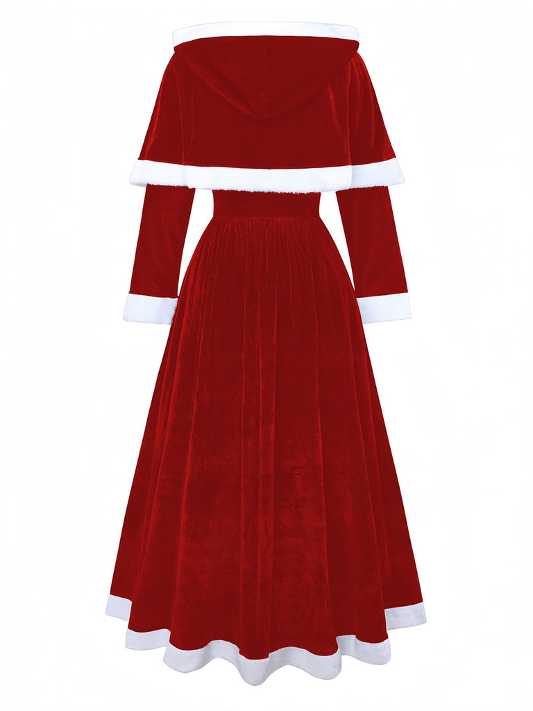 Robe de Noël verte en velours avec cape du Père Noël des années 1930