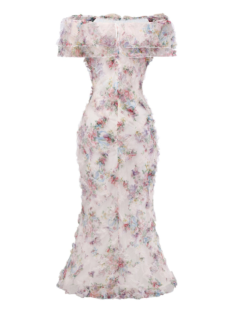 Robe longue à épaules dénudées en résille florale multicolore des années 1930
