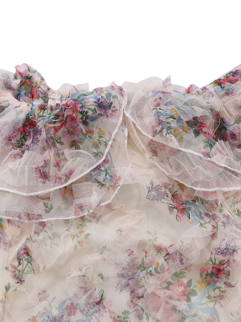 Robe longue à épaules dénudées en résille florale multicolore des années 1930