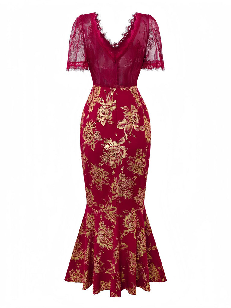 Robe sirène col en V  à fleurs dorées en dentelle patchwork rouge des années 1930