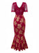 Robe sirène col en V  à fleurs dorées en dentelle patchwork rouge des années 1930