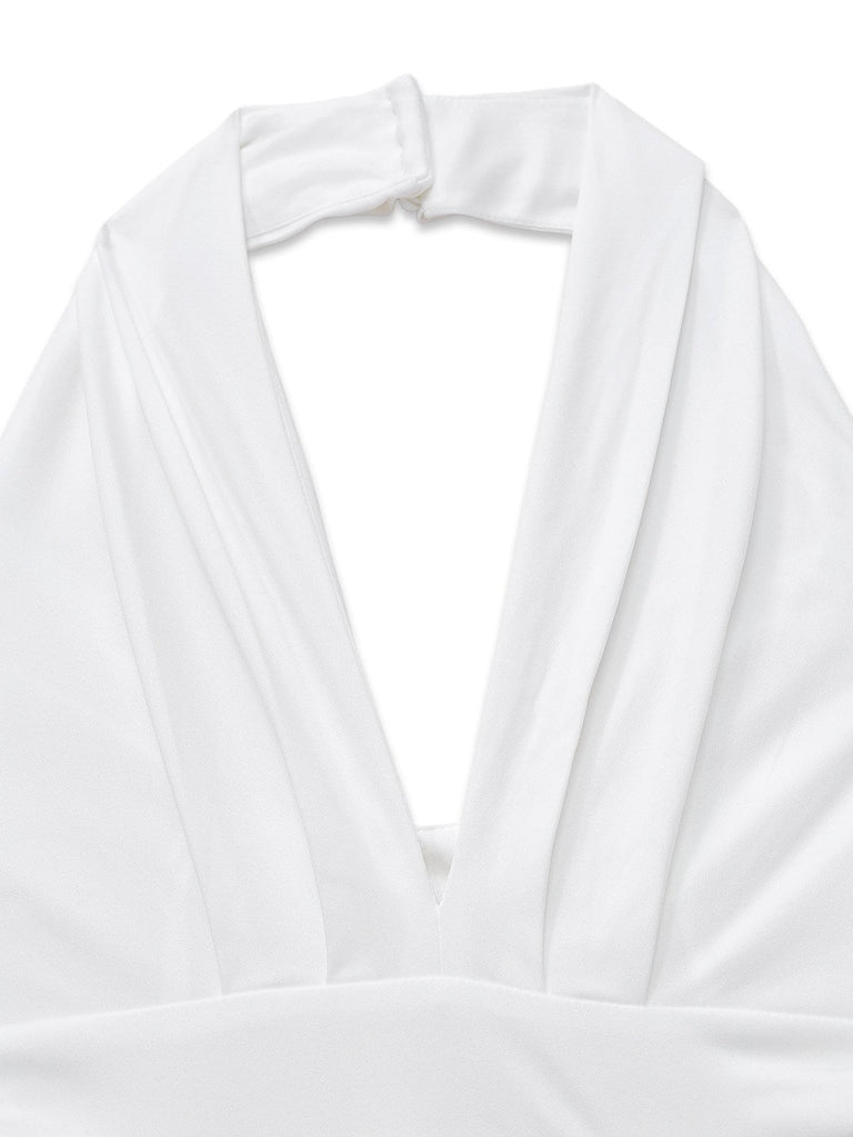 Combinaison pantalon unie col en V profond et jambes ultra-larges années 1970