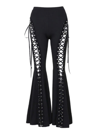 Pantalon bootcut noir à lacets et cordon de serrage style punk des années 1980