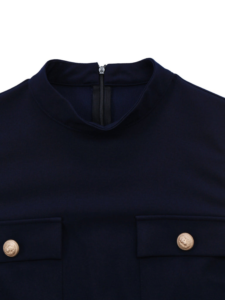 [Pré-vente] Haut bleu marine col montant et poches sans manches des années 50