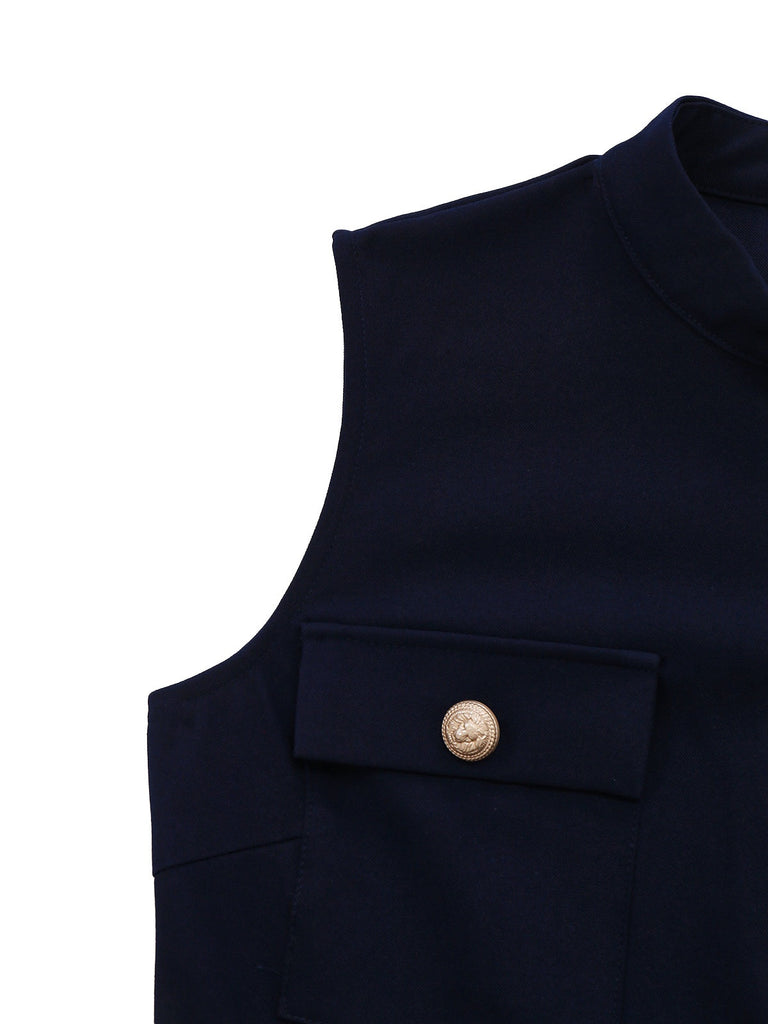 [Pré-vente] Haut bleu marine col montant et poches sans manches des années 50