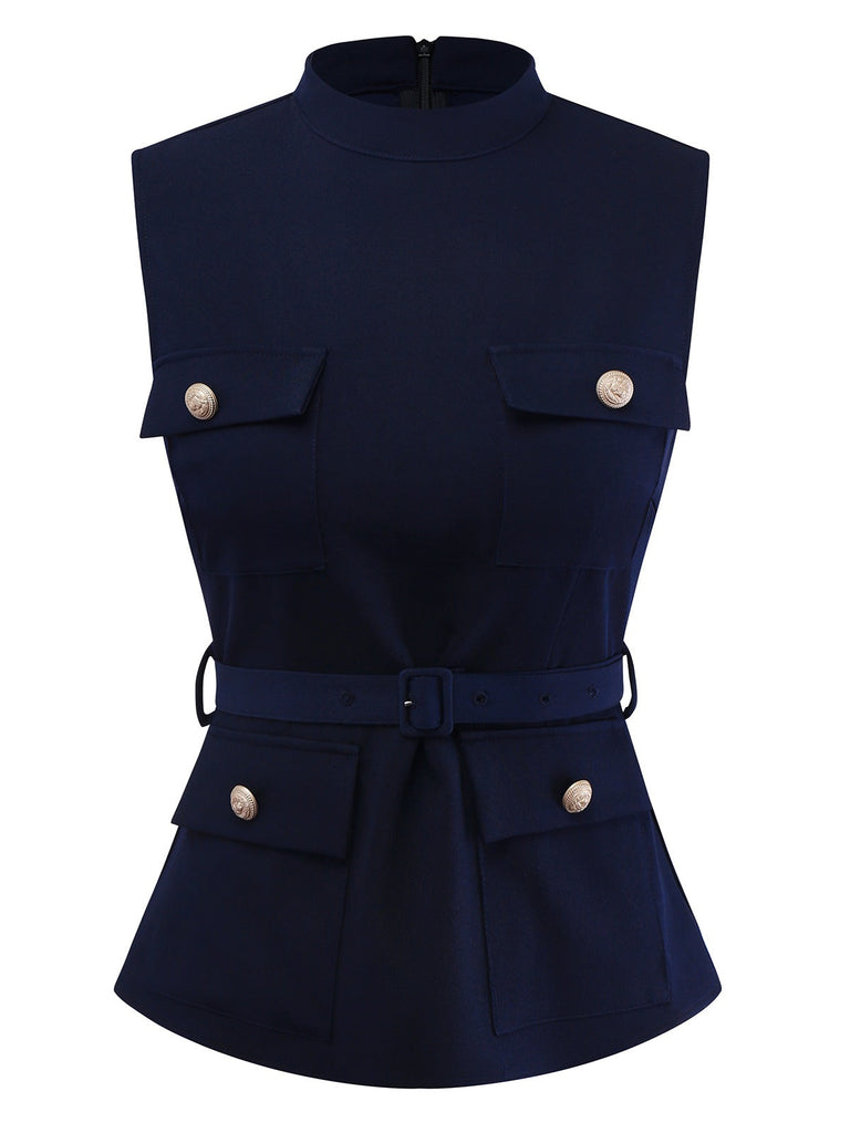 [Pré-vente] Haut bleu marine col montant et poches sans manches des années 50