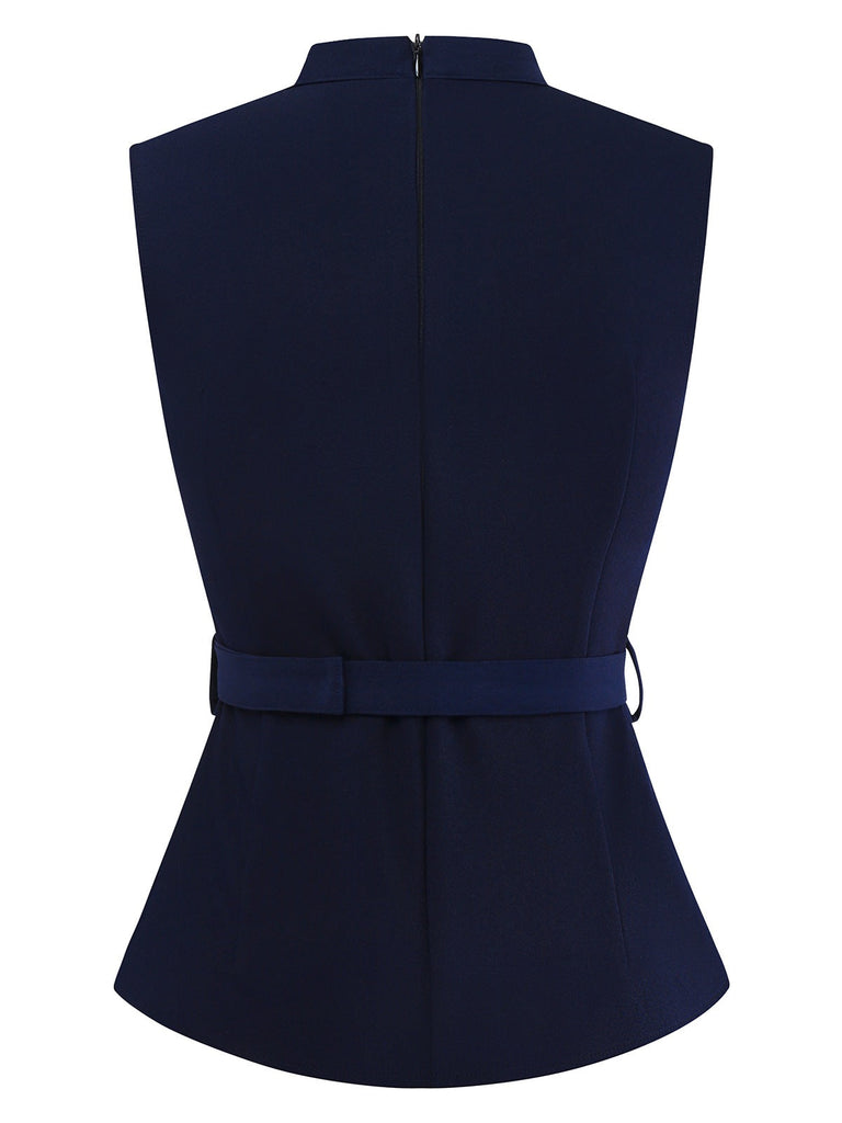 [Pré-vente] Haut bleu marine col montant et poches sans manches des années 50