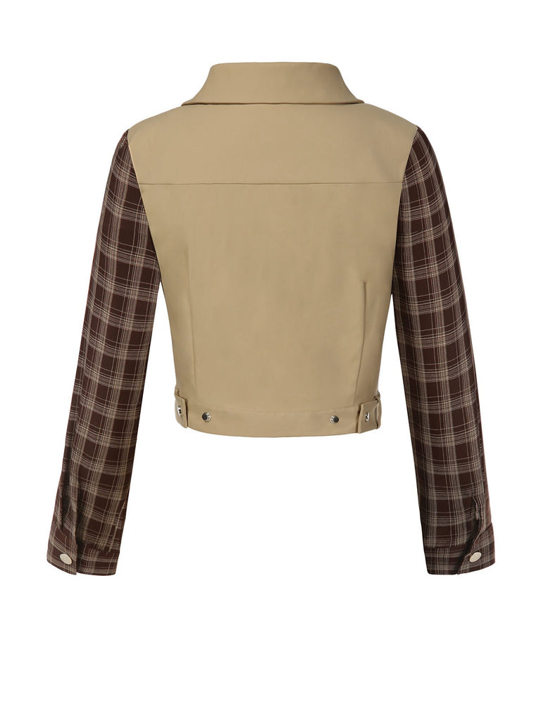 [Pré-vente] 2PCS Veste patchwork à carreaux et jupe plissée kaki et marron années 1960