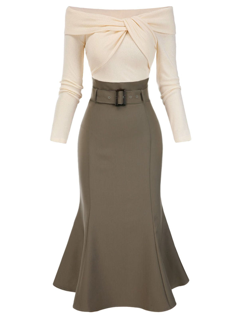[Pré-vente] Robe sirène torsadée épaules dénudées kaki avec ceinture des années 1930