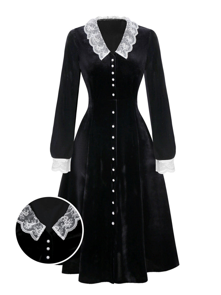 [Pré-vente] Robe en velours noir col en V et revers en dentelle des années 1940