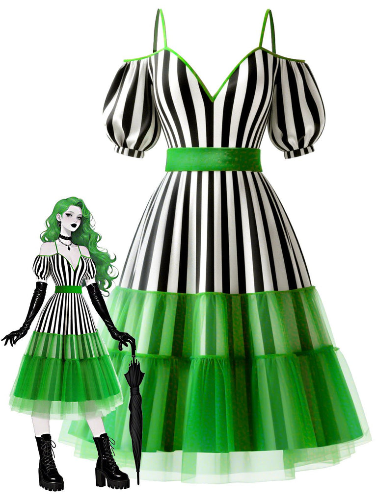 [Prévente] Robe vert fluo rayée à bretelles en dentelle années 1950