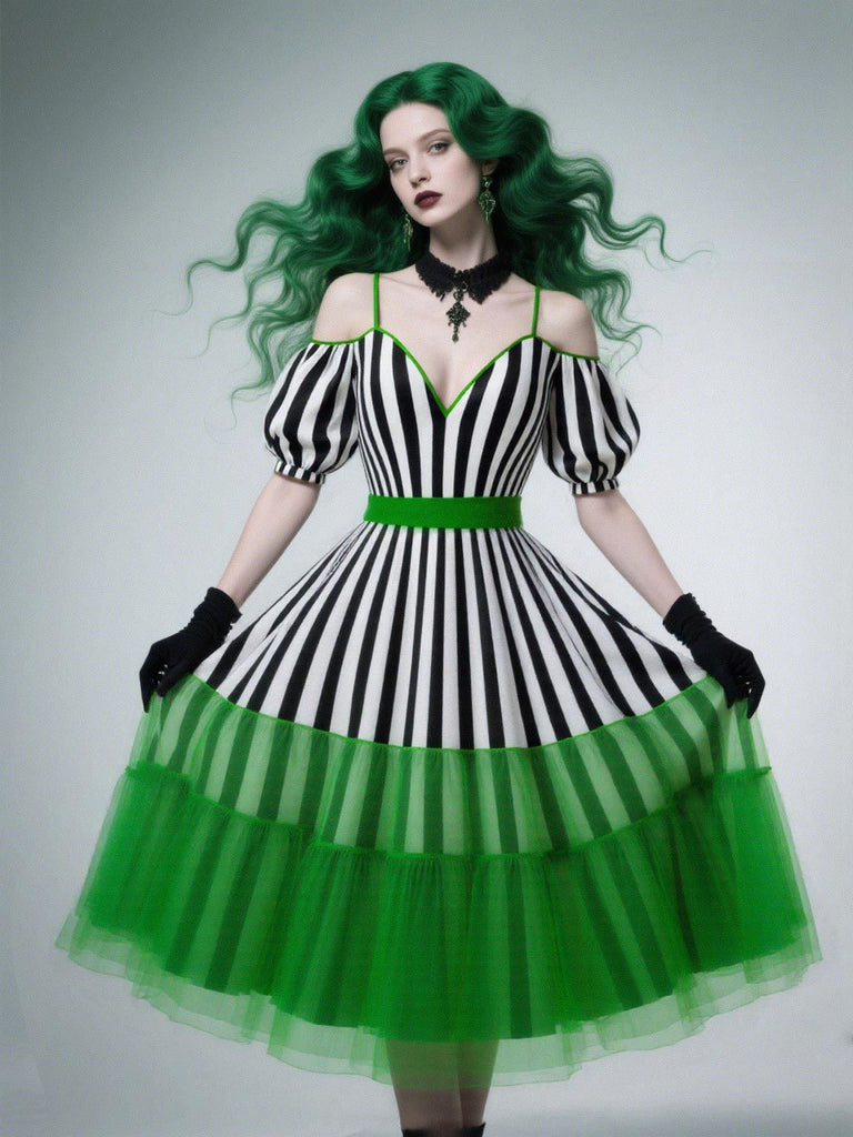 [Prévente] Robe vert fluo rayée à bretelles en dentelle années 1950
