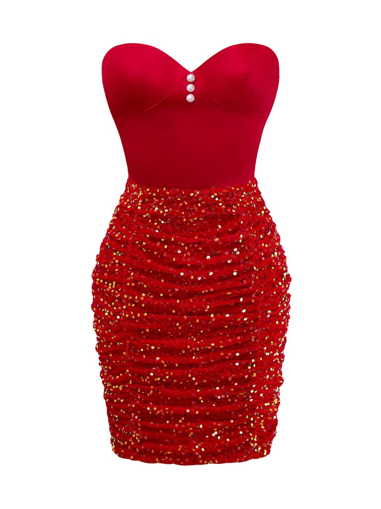[Pré-vente] Robe moulante rouge bustier à paillettes et perles des années 1960