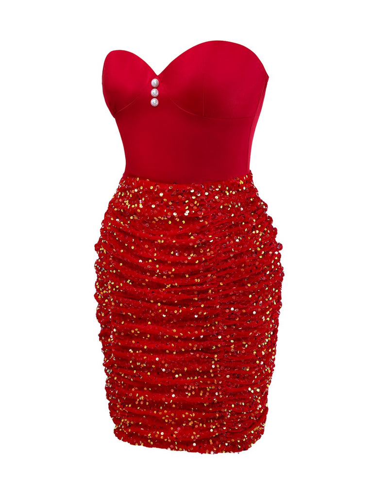 [Pré-vente] Robe moulante rouge bustier à paillettes et perles des années 1960